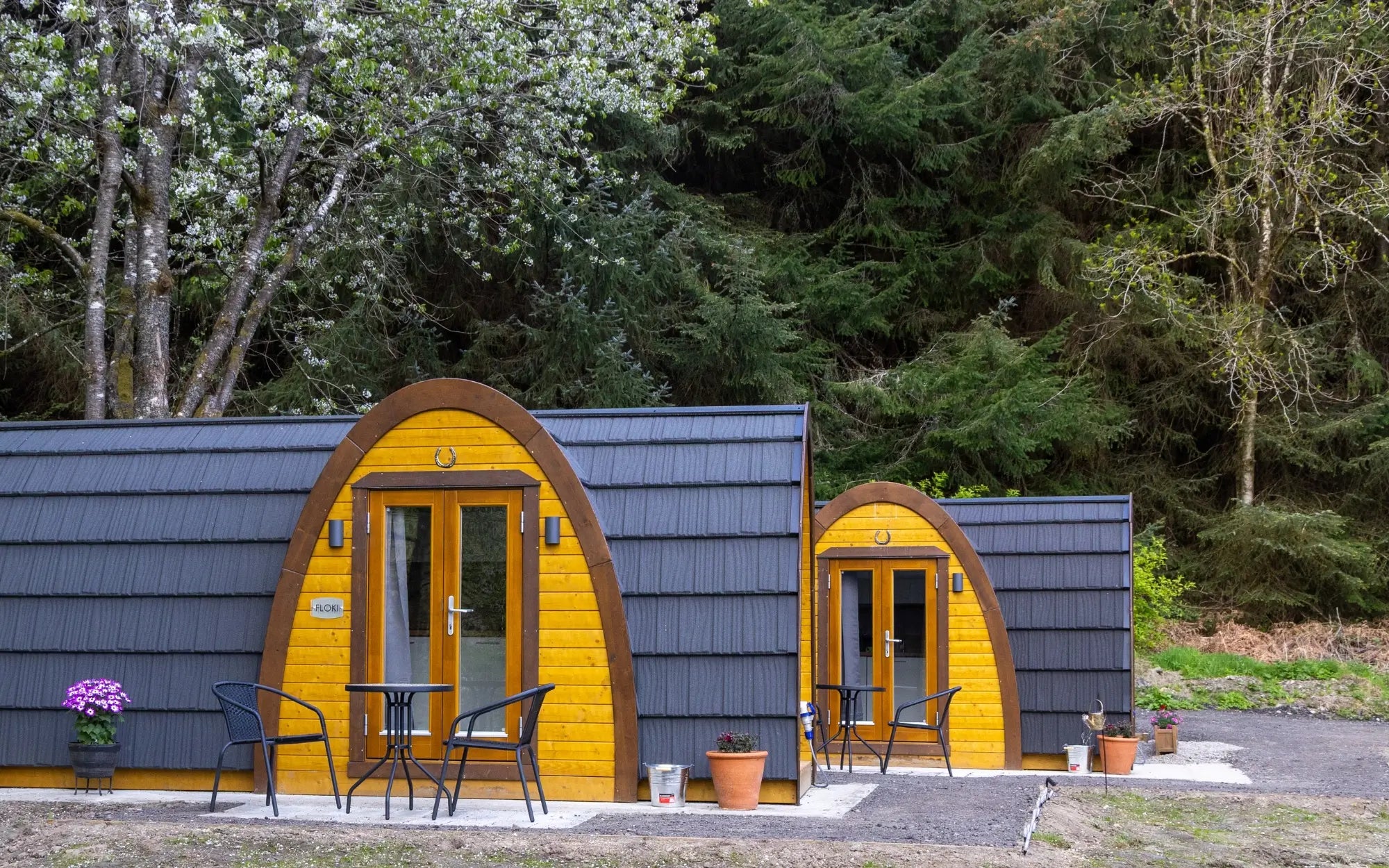 Two small arched log cabins with yellow wood paneling and dark gray shingled roofs, each with a glass front door, patio chair, and table, set outdoors in front of a dense forest.