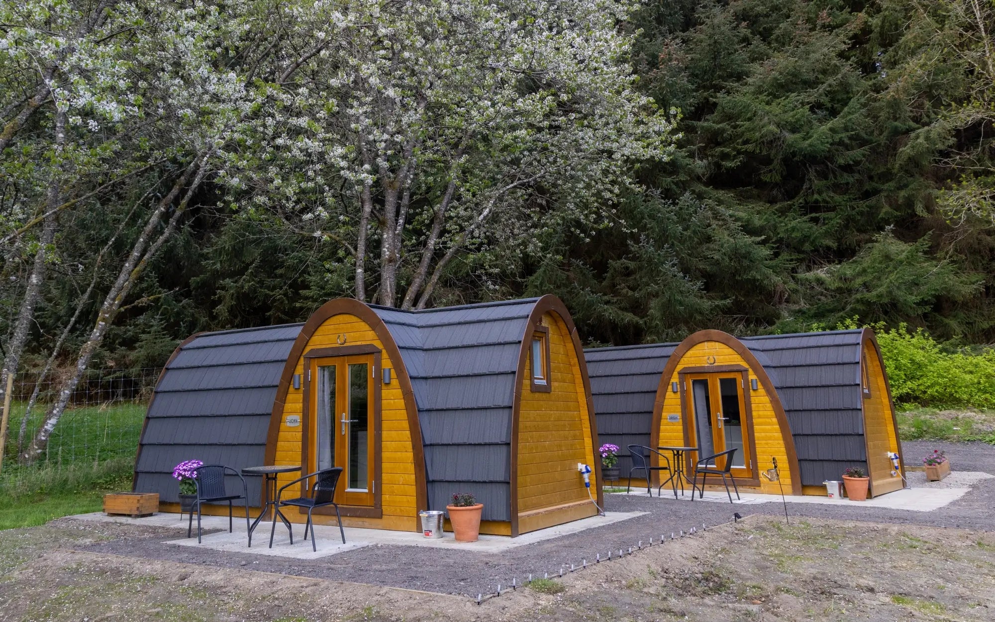 Two arched wooden cabins with dark gray shingled roofs and warm yellow-orange wood trim, set outdoors among trees and grass with small patio tables and chairs in front.